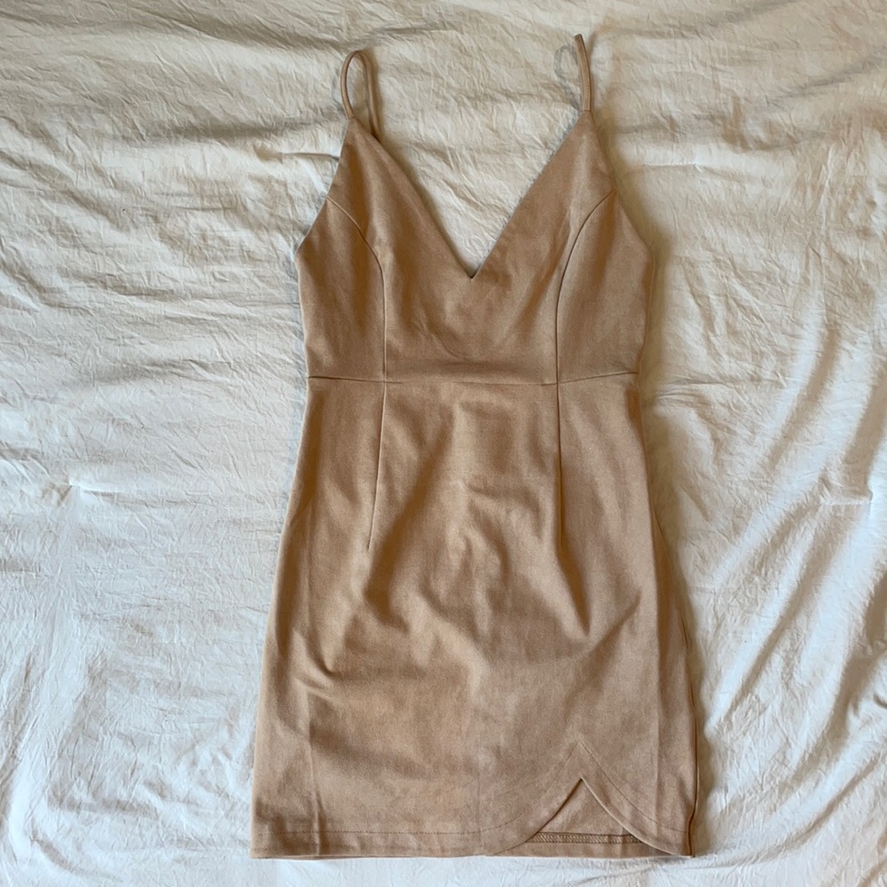 Suede nude deep v dress